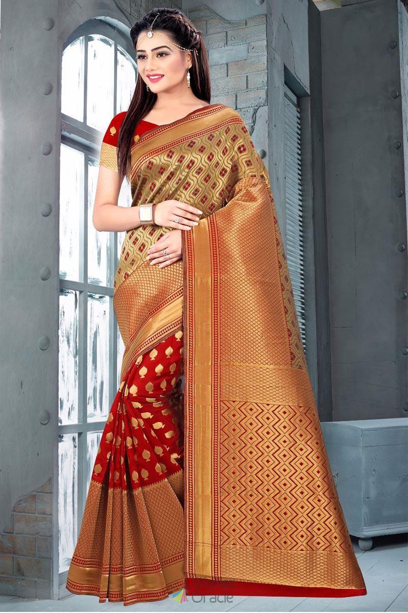 HAOK Sari indien Banarasi en soie pour femme Sari traditionnel tissé avec chemisier non cousu 