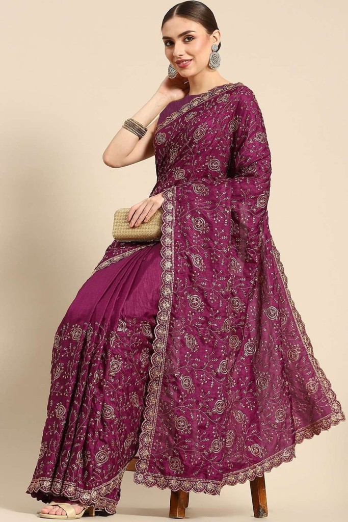 sari en soie brodé violet avec chemisier - SR22657
